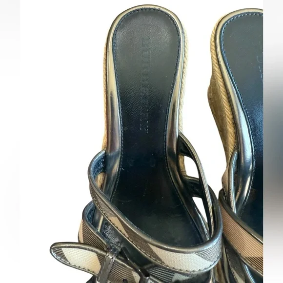 Burberry Nova Check Plaid Espadrille Wedge Sandal Heels Patent Leather 38/7.5-8 - Picture 9 of 12